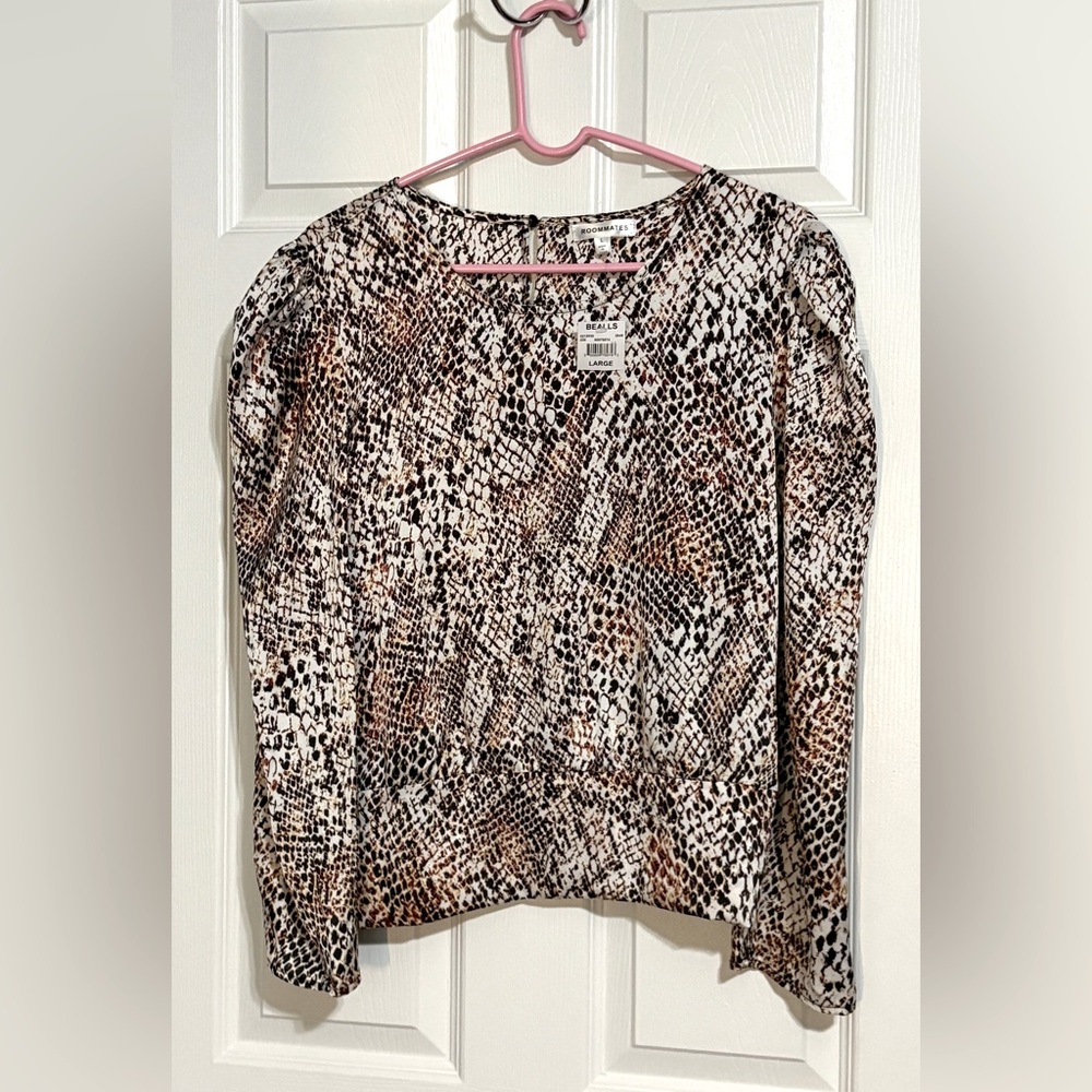 Roommates Brown and Cream Snakeskin Print Blouse - L NWT